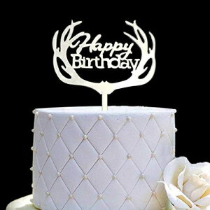 アントラーズ ハッピーバースデー ケーキトッパー パーティーデコレーション (ミラーシルバーアクリル) Antlers Happy Birthday Cake Topper Party Decorations (Mirror Silver Acrylic)