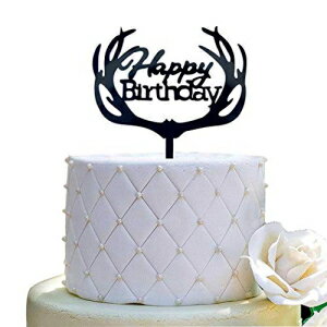 ȥ顼 ϥåԡСǡ ȥåѡ ѡƥǥ졼 (֥å) Antlers Happy Birthday Cake Topper Party Decorations (Black Acrylic)