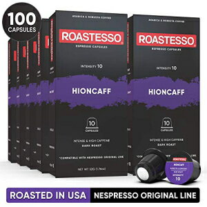 Roastesso エスプレッソカプセル、Hioncaff 強力カフェインコーヒーポッド 100 個、ネスプレッソオリジナルラインマシンと互換性あり、米国で焙煎強度 10、シングルサーブカップダークローストリストレットブレンド Roastesso Espresso Capsules, 100 Hioncaff S