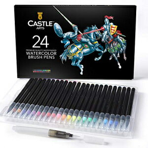 キャッスルアート用品水彩ブラシペン24本セット-塗り絵 書道 描画 書き込み用の柔軟なナイロンブラシチップ付きの鮮やかなマーカー-無料の「ブレンド」ウォーターブラシペンが含まれています Castle Art Supplies Watercolor Brush Pens Set of 24 - Vibrant