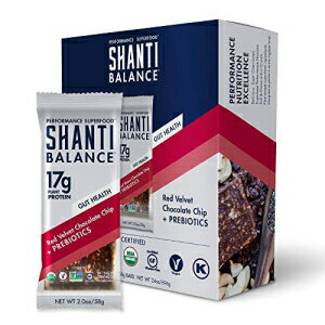 SHANTI BAR ビーガン スポーツ プロテイン バー プラス プレバイオティクス | 植物ベース、パレオ、認定オーガニック、グルテンフリー、スーパーフード、生スナック | BALANCE 腸の健康、レッドベルベットチョコレートチップ | 12本、2オンスバー SH BAR