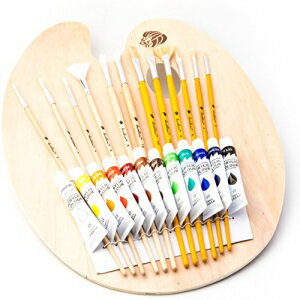 DAVELIOU アクリル アート ペイント セット – 25 ピース – キット内容: 木製パレット – ブラシ 12 本 – アクリル非毒性塗料 12 本 DAVELIOU Acrylics Art t Set – 25 Pieces – Kit comprises Wooden Palette - 12 Brushes - 12
