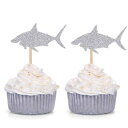 楽天Glomarket24個のシルバーシャークカップケーキトッパーのパック男の子の誕生日パーティーの装飾 Giuffi Pack of 24 Silver Shark Cupcake Toppers Boy's Birthday Party Decorations
