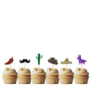 メキシカンタコス、口ひげ、サボテン、ロバ、帽子カップケーキトッパー 1パックあたり12個 カップケーキトッパーデコレーショングリッター泡状 Mexican Taco, Moustache, Cactus, donkey, Hat Cupcake Topper 12 pieces per Pack Cupcake Topper Decora