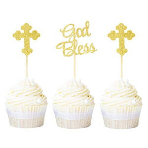 Ercadio 24 ѥåνʡȥåץȥåѡɥå٥ӡ饫åץԥåꥹȶνѡƥ Ercadio 24 Pack God Bless and Cross Cupcake Toppers Gold Glitter Baby Baptism Cupcake Picks Christian Re