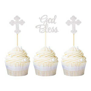 Ercadio Сåνʡ饫åץȥåѡåץԥåꥹѡƥǥ졼 24  Ercadio Silver Glitter God Bless and Baptism Cupcake Toppers Cross Cupcake Picks Christian Party Decoratio