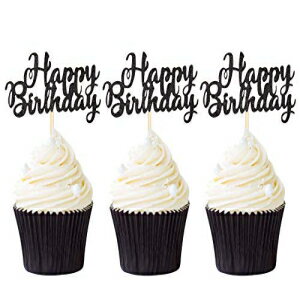 24グリッターブラックハッピーバースデーカップケーキトッパーパーティーケーキフードピックのパック Suntop Crafts Pack of 24 Glitter Black Happy Birthday Cupcake Toppers Party Cake Food Picks