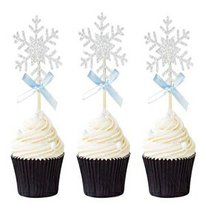 シルバーグリッタースノーフレークカップケーキトッパー48個セット ブルーリボンケーキデコレーション用品付き Set of 48 Silver Glitter Snowflake Cupcake Toppers with Blue Bow Cake Decoration Supplies
