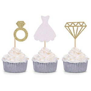 24 個セット グリッター ダイヤモンド リング ウェディング ドレス カップケーキ トッパー 婚約 ブライダル シャワー デコレーション用 (ゴールド) Set of 24 Glitter Diamond Ring Wedding Dress Cupcake Toppers for Engagement Bridal Showe