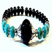 ̃ubNIjLXA^[RCYAubNg}Xgb`q[OuXbg7C` Sky Spirit Jewelry Handmade Black Onyx, Turquoise and Black Tourmaline Stretch Healing Bracelet 7 Inches