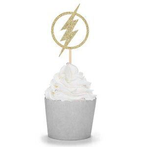 24CT ゴールドグリッターフラッシュカップケーキトッパー スーパーヒーローテーマのパーティーデコレーション用 24 CT Gold Glitter Flash Cupcake Toppers for Superhero Theme Party Decoratings