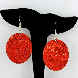 レッドグリッターフェイクレザーオーバルダングルピアス Summerfield Collection Red Glitter Faux Leather Oval Dangle Earrings