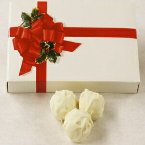 Scott's Cakes White Chocolate Covered Strawberry Marzipan Truffles in a 8 oz. Ribbon-n-Holly Box