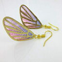 ホットピンクとパープルの蝶の羽生地のダングルイヤリング Hot Pink and Purple Butterfly Wing Fabric Dangle Earrings