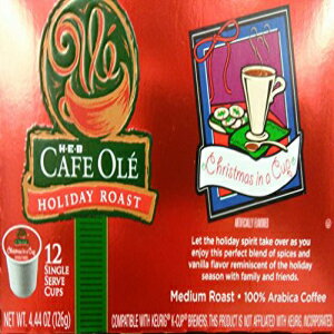 HEB カフェ オーレ ホリデー ロースト シングルサーブ コーヒー カップ 1 箱あたり 12 個 - ミディアム ロースト (4 箱パック - 48 カップ) 以下のフレーバーをお選びください (カップ内のクリスマス - スパイスとバニラのブレンド) HEB Cafe