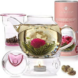 ティーセット Teabloom Eternal Love Flowering Tea ギフトセット - ガラスティーポット (36 オンス)、ハートトップ蓋、ティーウォーマー、ルースティーインフューザー & ハート型ブルーミングティー 12 本 Teabloom Eternal Love Flowering Tea Gift Set - Glas