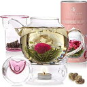 Teabloom Eternal Love Flowering Tea ギフトセット - ガラスティーポット (36 オンス) ハートトップ蓋 ティーウォーマー ルースティーインフューザー ハート型ブルーミングティー 12 本 Teabloom Eternal Love Flowering Tea Gift Set - Glas