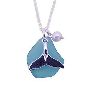 YInahawaii 手作りブルーシーグラスネックレス ホエールテールチャーム 天然パール (ハワイギフトラッピング カスタマイズ可能なギフトメッセージ) YInahawaii Handmade blue sea glass necklace, whale tail charm, Natural pearl, (Hawaii Gift W