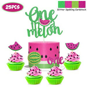 スイカケーキトッパー 25 個セット メロンカップケーキデコレーションに 1 個 ベビーシャワー 女の子 1 歳の誕生日用品 グリッター サマーフルーツ スイート 1 つのテーマパーティーに Watermelon Cake Toppers Set of 25 One in a Melon Cupcake