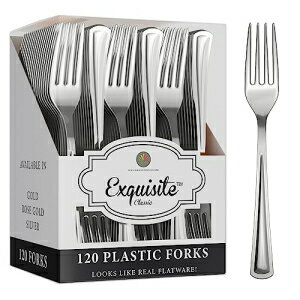120 Pack Silver Plastic Forks Heavy Duty - Silver Disposable Silverware - Silver Plastic Silverware - Silver Forks Disposable Plastic Cutlery - For Catering, Parties, Weddings Exquisite.