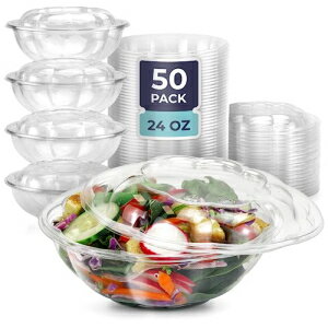 Fit Meal Prep 24 オンス 透明プラスチック サラダボウル 気密蓋付き 使い捨て 持ち帰り用サラダ容器 ランチ、食事、パーティー用 BPAフリー クリアボウル アサイー、グリーンサラダ、フルーツ、ナッツ用 50個パック Fit Meal Prep 24 oz Clear Plastic
