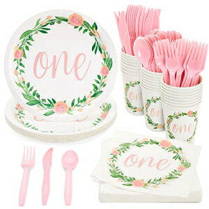 Juvale Baby Girl 1st Birthday Decorations, Floral One Year Old Party Plates, Napkins, Cups, Pink Cutlery (144 Pieces, Serves 24)