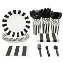 BLUE PANDA 144 Piece Black and White Party Decorations, Striped Birthday Party Supplies Set With Paper Plates, Napkins Cups, and Plastic Cutlery for Birthday, Graduation (Serves 24)