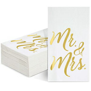 楽天GlomarketJuvale 50-Pack Mr and Mrs Napkins, Disposable Wedding Dinner Napkins for Reception, Rehearsal Dinner, Bridal Shower, Engagement Party （Gold Foil and White, 3-Ply, 4x8 in）