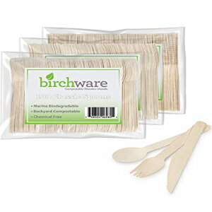 Birchware Classic Assorted Wooden Cutlery 6.5 - (100 Forks, 100 Spoons, 100 Knives) Assorted Compostable Wooden Cutlery, Biodegradable Party Supplies, Sturdy, Heat Tolerant and Eco-Friendly.