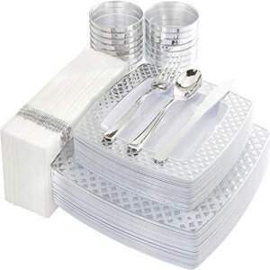 I00000 175PCS Silver Plastic Square Plates with Disposable Silverware Cups Napkins, Silver Diamond Tableware 25 Dinner Plates, 25 Salad Plates, 25 Forks, Knives and Spoons, 25 Tumblers, 25 Towels