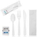 Faithful Supply 50 Wrapped Plastic Cutlery Set with Napkin, White Plastic Utensils Set, PSet with Napkin, Salt-Pepper Packet, Plastic Ware Cutlery Set Disposable