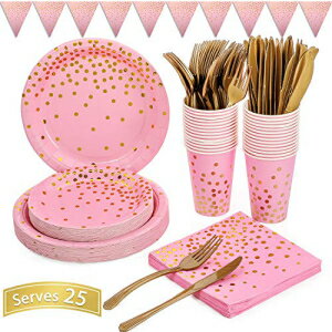 DUOCUTE Pink and Gold Party Supplies 150PCS Golden Dot Paper Party Dinnerware Includes Paper Plates, Napkins, Knives, Forks, 12oz Cups, Banner, for Bachelorette, Girl Birthday, Baby Shower, Serves 25