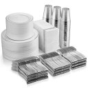 Munfix 700 Piece Plastic Silver Dinnerware Set - 200 Rim Plates - 300 Silverware - 100 Cups - 100 Linen Like Silver Napkins, 100 Guest Disposable Dinnerware Set