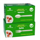 GreenWorks 200 Count Heavy-duty Compostable 100 Forks and 100 Spoons, BPI Certified,Large Disposable Cutlery,Alternative to Plastic Utensils Set