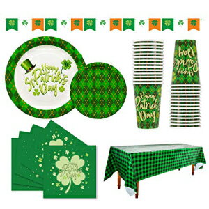 St Patricks Day Party Supplies Gatherfun Green Shamrocks Green Plaid Disposable Paper Plates, Napkins, Cups, Tablecloth and Banner for Green Irish Party Decorations Serve 30