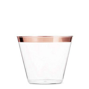 Munfix 100 Rose Gold Plastic Cups 9 Oz Clear Plastic Cups Old Fashioned Tumblers Rose Gold Rimmed Cups Fancy Disposable Wedding Cups Elegant Party Cups with Rose Gold Rim