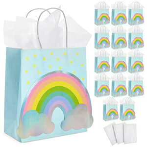 BLUE PANDA 15-Pack Rainbow Gift Bags with Handles and 20 White Tissue Paper Sheets, Medium-Size Goodie Bags For Baby Shower, Birthday Party Favors (8x9x4 in, Blue, Kraft Paper)