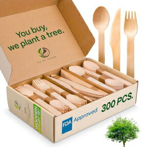 GO GO GREEN 100 Compostable Cutlery Set - 300 Pieces Wooden Compostable Utensils 120 Forks, 90 Knives, 90 Spoons - Disposable Wooden Cutlery, Eco Friendly Forks And Spoons Disposable Cutlery Set Party Utensils