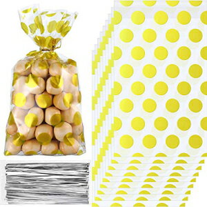 Blulu 200 Pieces Gold Treat Cellophane Bags with 200 Pieces Golden Twist Ties Party Supplies, 8.3 x 5.1 x 1.6 Inch Treat Candy Bags Party Gift Bags for Cookie Snack Wrapping Wedding Gift