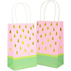 スイカの誕生日パーティーの記念品ハンドル付きギフトバッグ (9 x 5 x 3 インチ、ピンク、ゴールド箔) Watermelon Birthday Party Favor Gift Bags with Handles (9 x 5 x 3 in, Pink with Gold Foil)