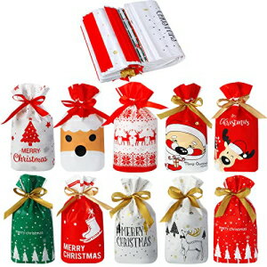 Blulu 50 NX}X LfB Mtg NbL[obO В NX}X obO {trj[ NX}X a  zf[ VN̍Dӂ Blulu 50 Pieces Christmas Candy Gift Cookie Bags Drawstring Bags Xmas Treat