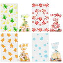 Whaline 200Pcs Christmas Cellophane Bags with 200 Gold Twist Ties, Xmas Clear Candy Cookie Cello Treat Bags with Christmas Tree Snowflake Gingerbread Man Candy Patterns for Christmas Gift Wrap Supply