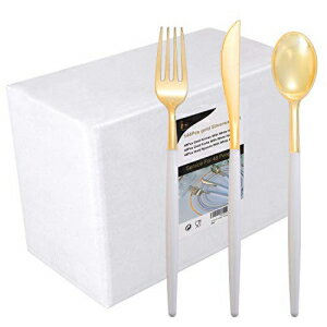 I00000 144Pcs Gold Plastic Silverware,Heavy Duty Gold Plastic Cutlery Disposable Flatware,Gold Plastic Utensils Set Includes 48 Gold Forks,48 Gold Knives,48 Gold Spoons for Party and Wedding Birthday