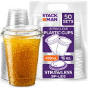 Stack Man 16 oz Clear Plastic Cups with Strawless Sip-Lids 50 Sets PET Crystal Clear Disposable 16oz Plastic Cups with Lids - Crystal Clear, Durable Cup - BPA Free Crack Resistant, for Coffee, Juice, Shakes