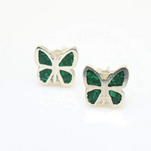 バタフライマラカイトジェムストーンモザイクスターリングシルバースタッドピアス、セミプレシャスストーン Handmade Studio Butterfly Malachite Gemstone Mosaic Sterling Silver Stud Earrings, Semi Precious Stone