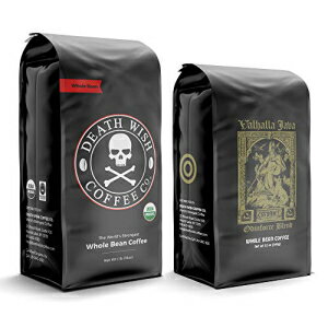 Death Wish Coffee 全豆 - 世界最強のコーヒー 1 ポンド & ヴァルハラ ジャワ オーディンフォース ブレンド 12 オンス - 全豆コーヒーバンドル/バルク - USDA 認定オーガニック - フェアトレード - アラビカ豆 & ロブスタ豆 Death Wish Coffee