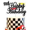 楽天Glomarketレースカーの誕生日ケーキトッパー ブラックグリッター ハッピーバースデーケーキデコレーション チェッカーフラッグテーマ 子供 男の子 女の子 誕生日パーティー ケーキ用品 デコレーション XXDecor Race Car Birthday Cake Topper Black Glitter Happy