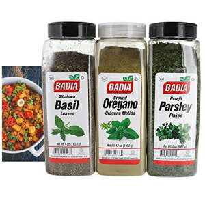 Badia パセリフレーク、バジルの葉、粉末オレガノスパイスバンドル (3 個セット) - 料理に風味を加えるグルテンフリーのスパイス - プレミアムペンギンレシピカード付き Badia Parsley Flakes, Basil Leaves, and Ground Oregano Spice Bundle (Set