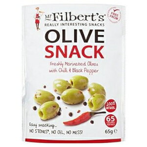 ミスター・フィルバーツ オリーブスナック 種抜きグリーンオリーブ、チリ＆ブラックペッパー添え - 65g (0.14ポンド) Mr Filberts Olive Snacks Pitted Green Olives with Chilli & Blackpepper - 65g (0.14lbs)