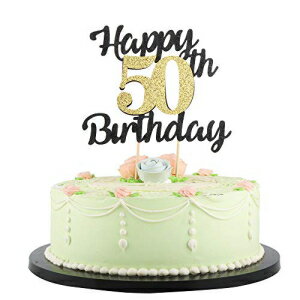 LVEUDハッピーバースデーケーキトッパーブラックフォントゴールデンナンバーズ50歳の誕生日ハッピーケーキトッパー-バースデーパーティーデコレーション（50日） LVEUD Happy Birthday Cake Topper Black Font Golden Numbers 50th Birthday Happy Cake Topper